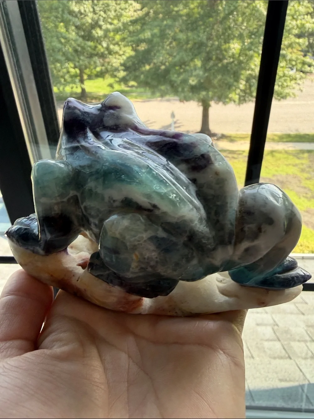Rainbow Fluorite Green and Purple Marble Frog Carving